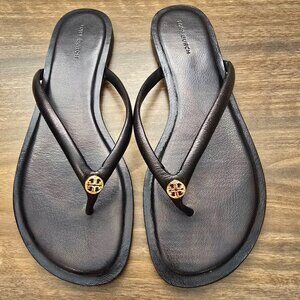 Tory Burch Chelsea Leather Thong Flat Sandals Flip Flop Safari Crystal Black 8